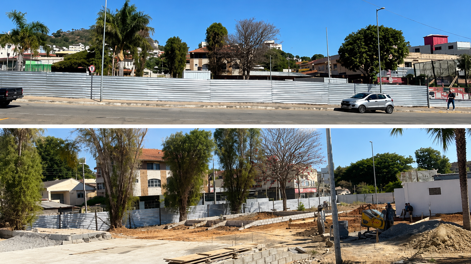 Obras da nova pista de skate da Praça Celi em andamento, com estrutura de concreto sendo construída para receber skatistas.