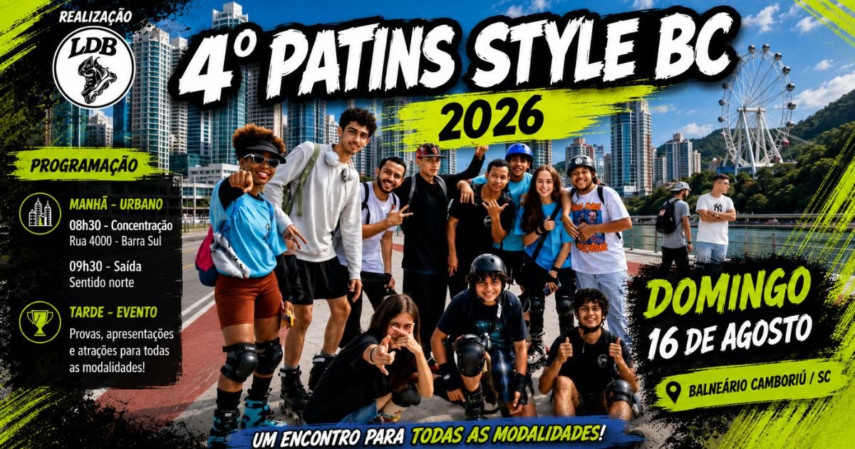 Grupo de patinadores reunidos na orla de Balneário Camboriú durante a divulgação do Patins Style BC 2026, com programação de passeio urbano e atividades para diversas modalidades.