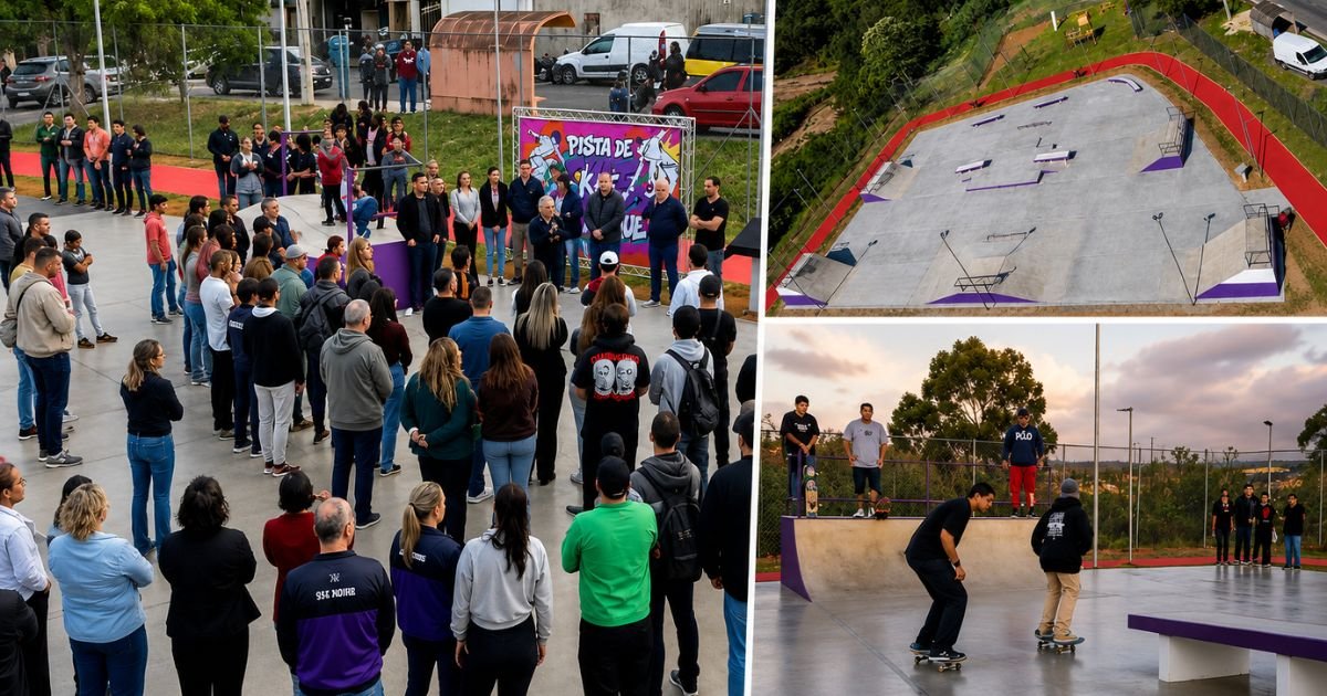 Nova pista de skate da Vila Amaral, em São Roque, mostrando a cerimônia de inauguração com moradores, uma vista aérea da pista e skatistas utilizando os obstáculos durante a prátic